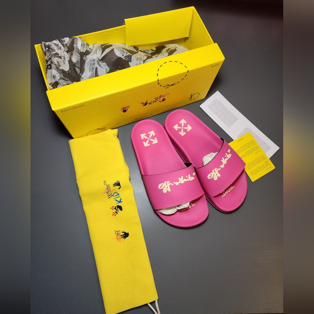 Off-White Kids Pool Slide Fuchsia Yellow Script Logo - Picture 3 of 12